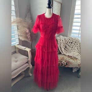 Ivy City Co Red Swiss Dot Tulle Tiered Midi Dress Size M Romantic Ruffle